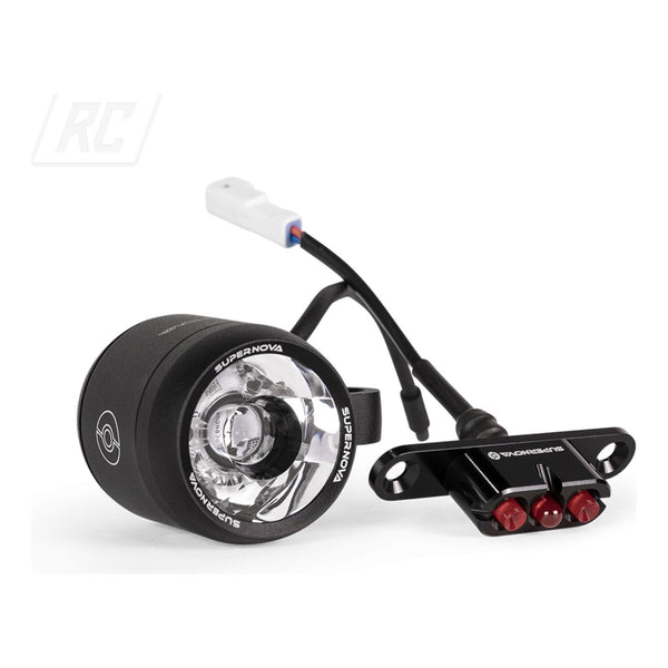 SET OF LIGHTS "SUPERNOVA" FRONT & REAR, INCL. BLACK & GRAY FRONT PLATE FOR "LIL'BUDDY" ELECTRIC BIKE