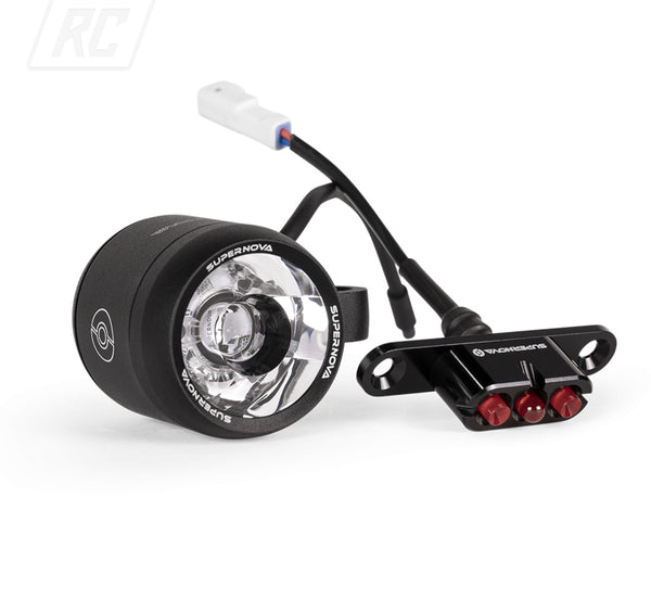 SET OF LIGHTS "SUPERNOVA" FRONT & REAR, INCL. BLACK & GRAY FRONT PLATE FOR "LIL'BUDDY" ELECTRIC BIKE