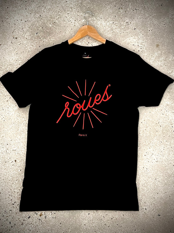 T-SHIRT NOIR - LOGO "ROUES" ROUGE